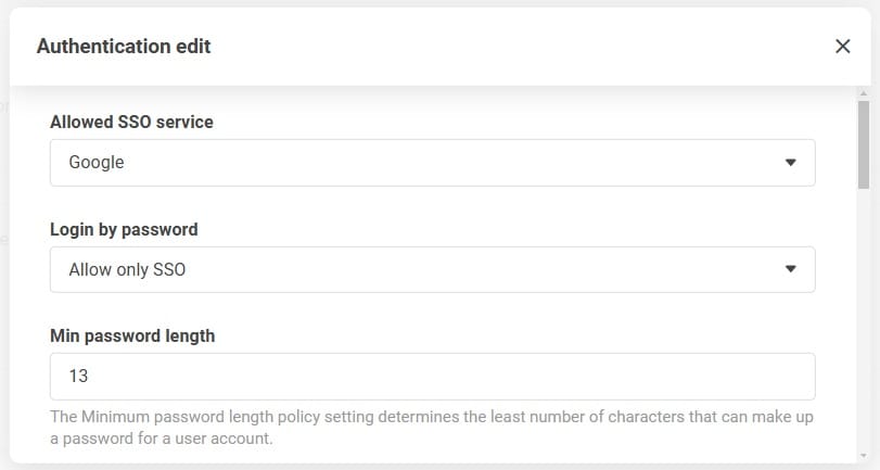 Hitelesítési beállítások képernyő, amely az SSO-nak csak a jelszóbejelentkezési szakaszban való engedélyezésének lehetőségét mutatja
