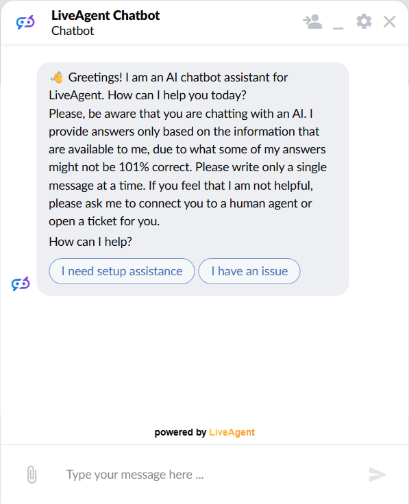 LiveAgent chat ablak, amely egy MI-chatbot üdvözlést mutat két kattintható válaszgombbal a beállítási segítséghez és a probléma bejelentéséhez