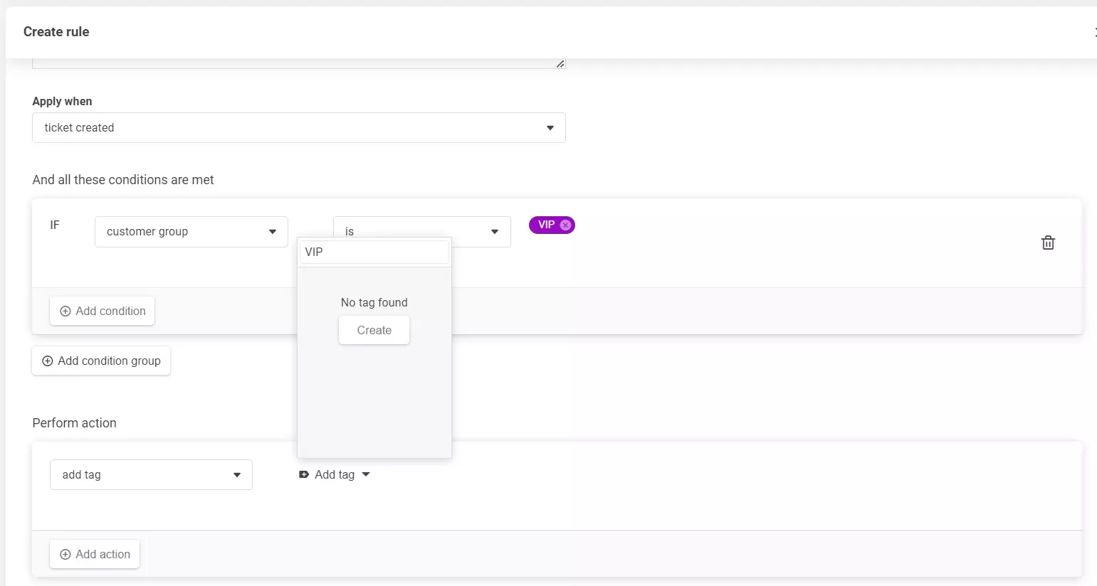 A create rule szekció képernyőképe, amely bemutatja, hogyan adható hozzá új címke.