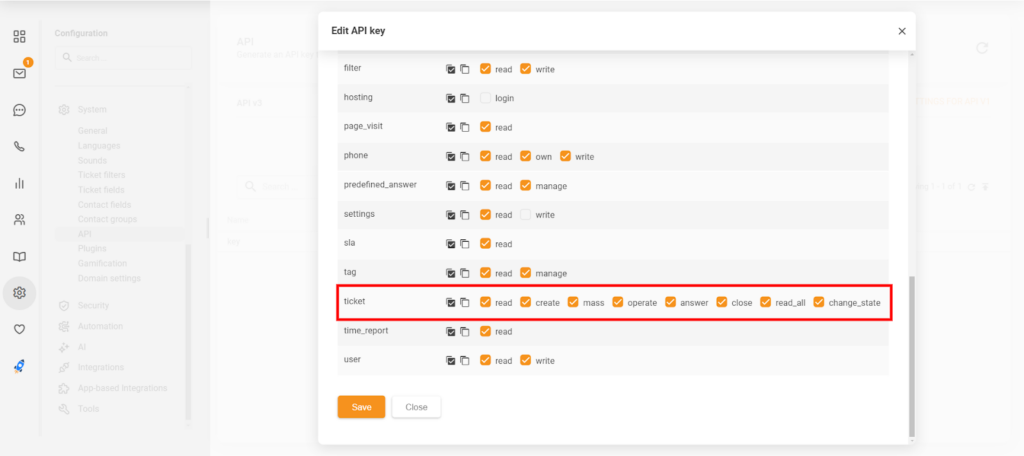 Az API kulcs szerkesztése szakasz a LiveAgentben, amely az új 'bezárás' és 'állapot_változtatás' engedélyeket mutatja