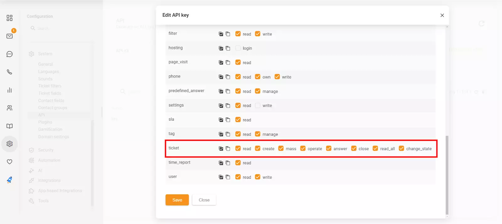 Az API kulcs szerkesztése szakasz a LiveAgent-ben, amely az új close és 'change_state' engedélyeket mutatja