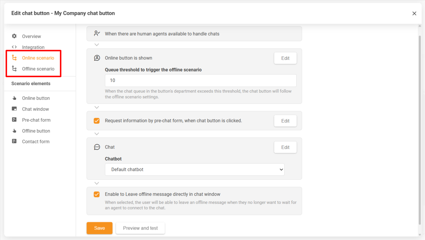 LiveAgent csevegés gomb konfigurációs ablaka online és offline forgatókönyveket mutatva