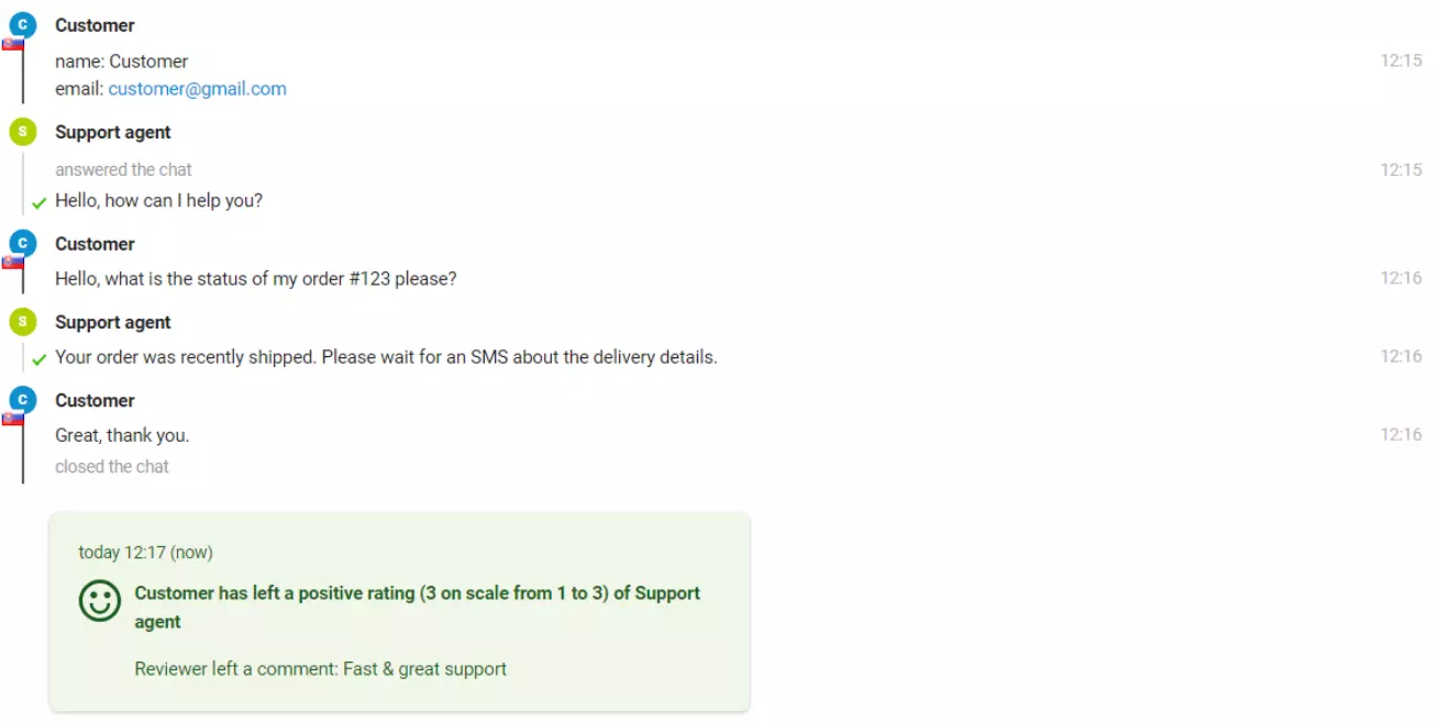 Egy chat képe egy ügyféllel, aki pozitív értékelést hagyott.