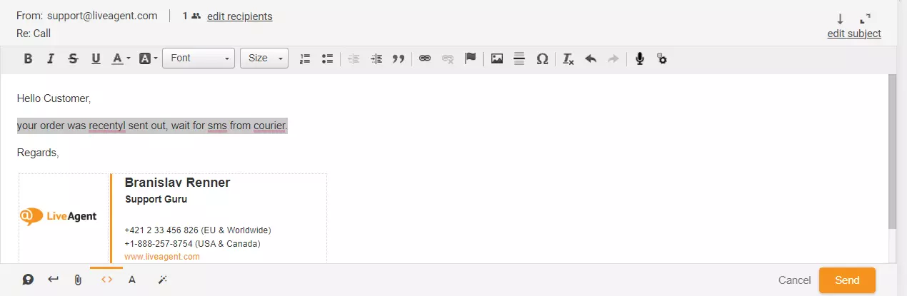 Kép a LiveAgent-ben kiemelt jegyre adott válaszról