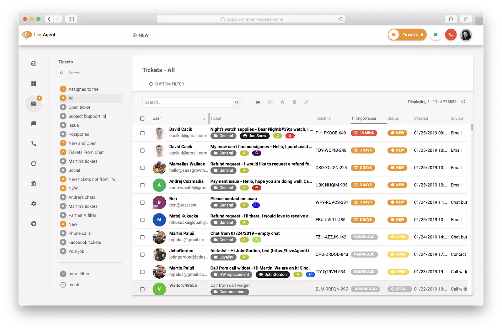 LiveAgent unified inbox showing all tickets sorted and categorized across channels with priority and status indicators