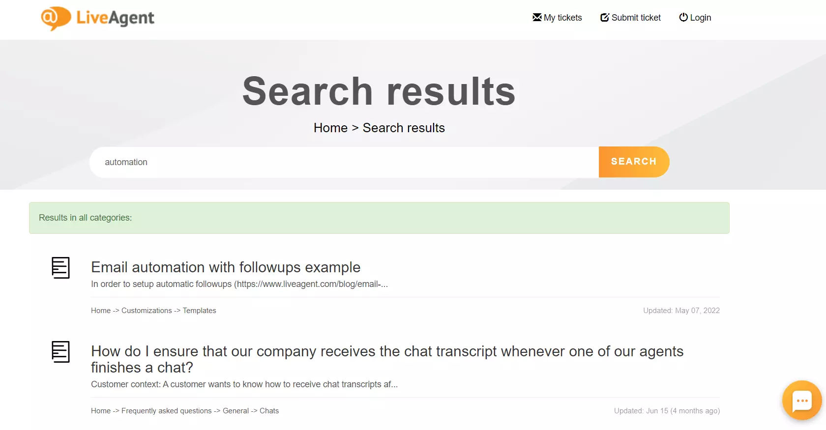 LiveAgent tudásbázis keresési funkció
