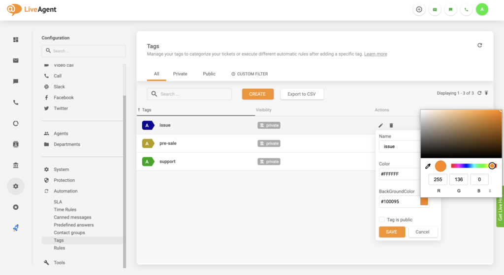 Címkeszín módosítás frissítése a LiveAgentben