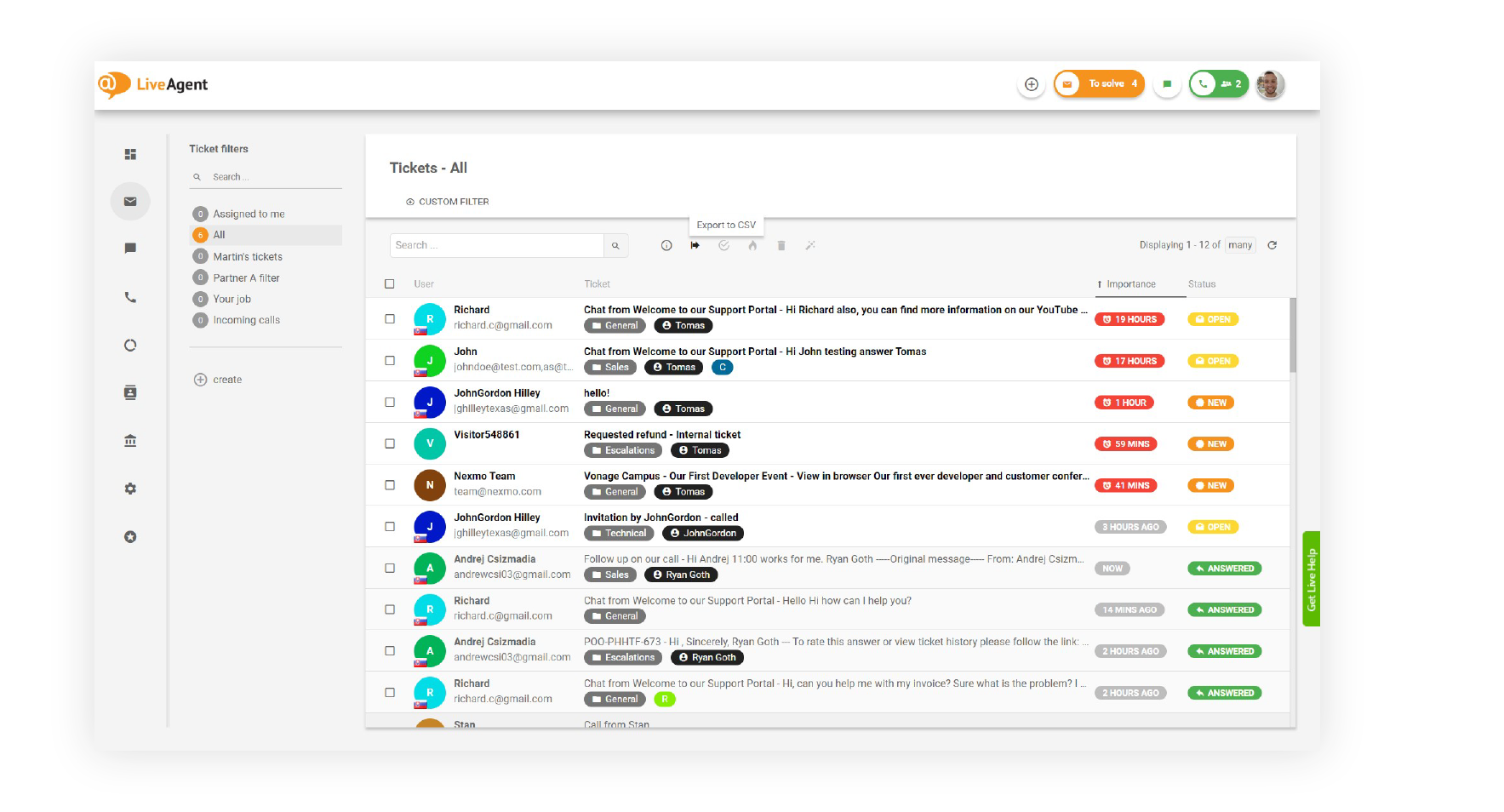 LiveAgent univerzális beérkező levelek – ügynök nézet a bejövő e-mail és chat jegyekről