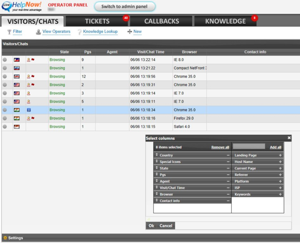 LiveHelpNow csevegés irányítópult