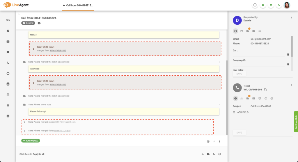 Egyesített jegy szál a LiveAgentben
