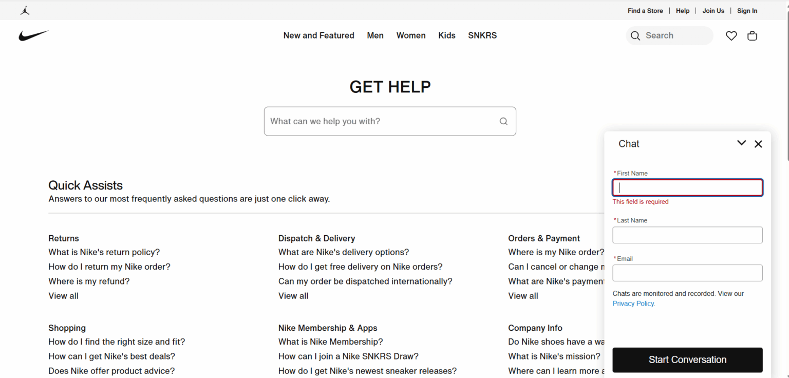 AI Chatbot a Nike weboldalán