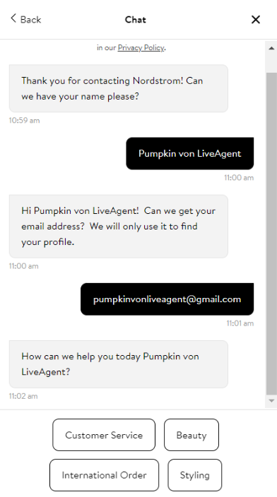 Nordstrom chatbot funkció