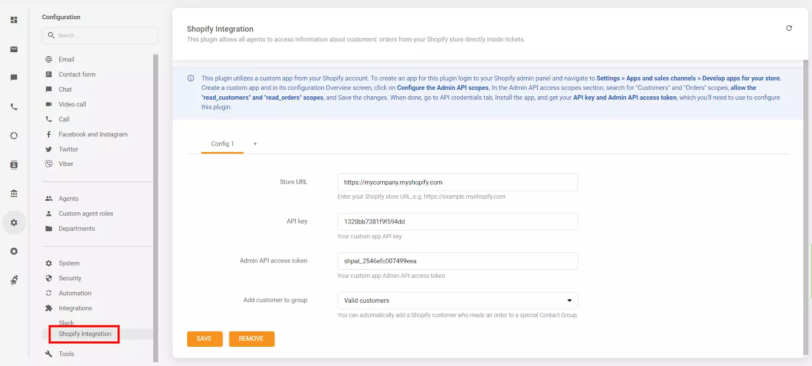 Az API kulcs és az API hozzáférési token elhelyezése a LiveAgent konfigurációs szakaszában