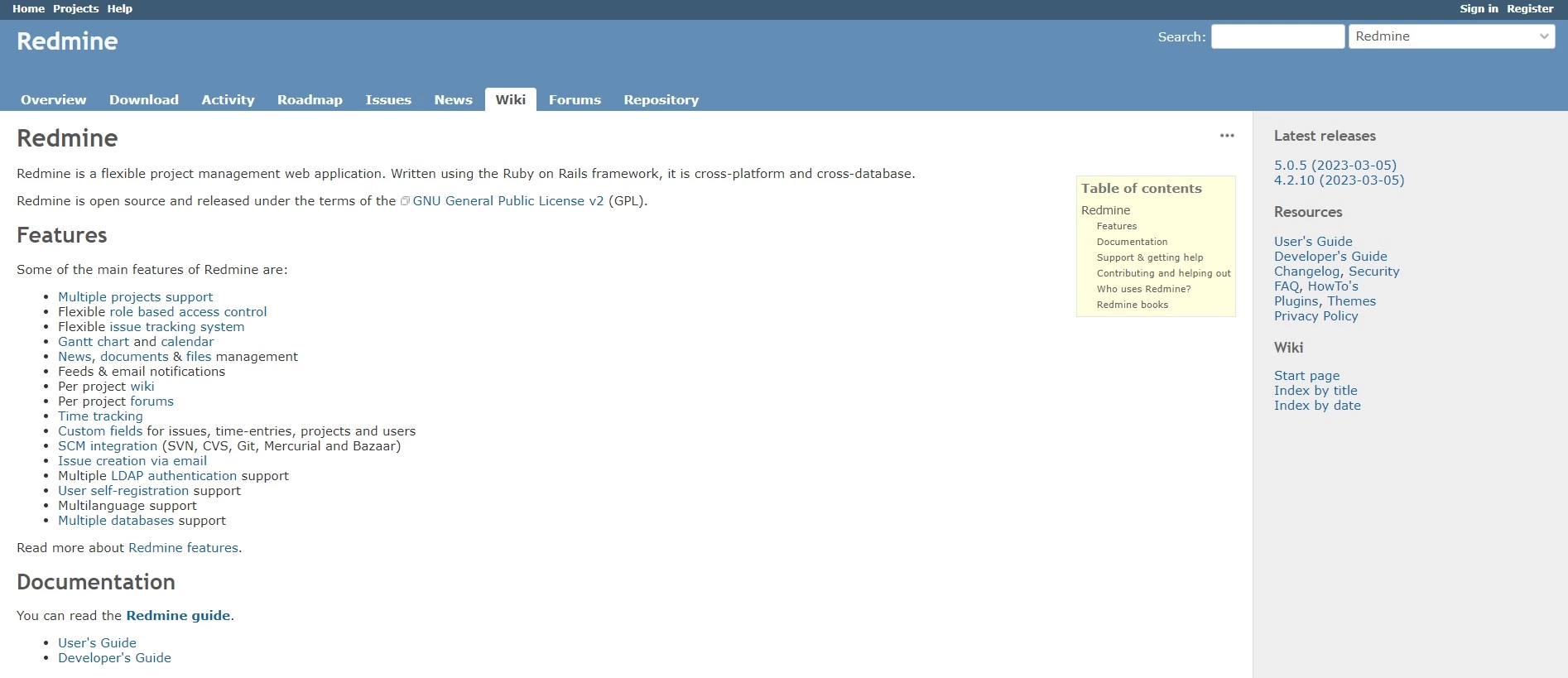 A Redmine kezdőlapja - egy nyílt forráskódú platform, amely segíthet a folyamatok automatizálásában és a feladatok tervezésében, hogy javítsa a hatékonyságot a vállalaton belül.