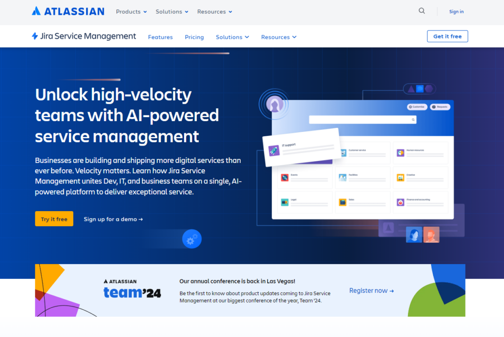 Jira Service Management kezdőlap, egy Help Scout alternatíva az ügyfélszolgálati szoftverhez