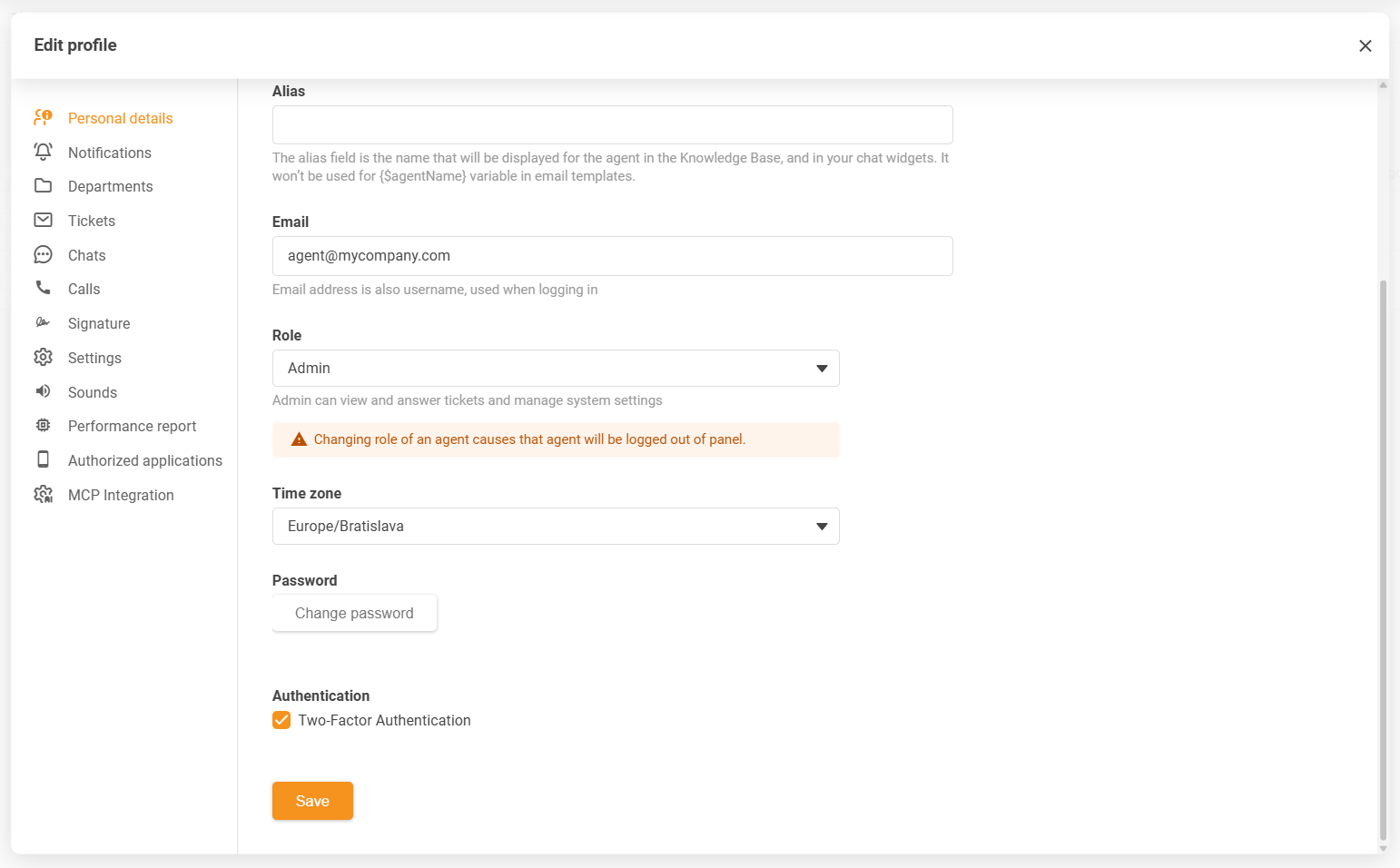 LiveAgent ügynök profil időzóna beállítások