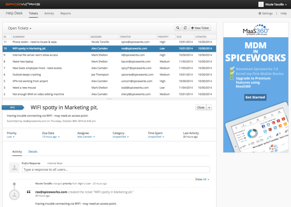 Spiceworks Cloud Help Desk ingyenes csomag – jegy sor állapot és felelős oszlopokkal
