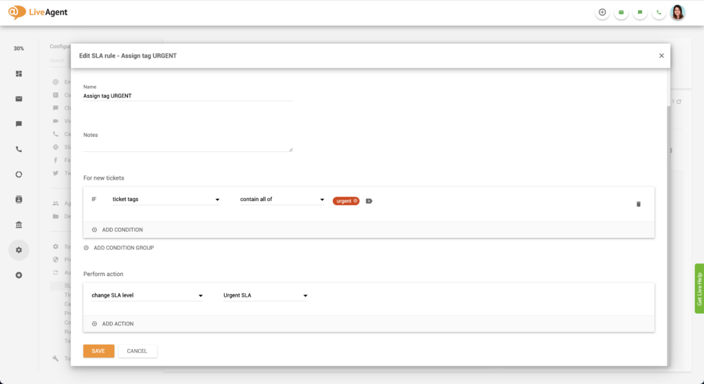 Sürgős SLA-szabály létrehozása a LiveAgent-ben