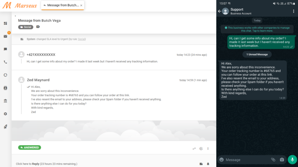 WhatsApp üzenet jegyként megjelenítve a LiveAgent-ben