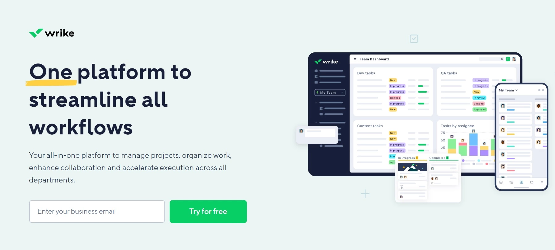 A Wrike kezdőlapja - egy all-in-one platform a projektek kezeléséhez, a munka szervezéséhez és az együttműködés javításához az osztályok között.