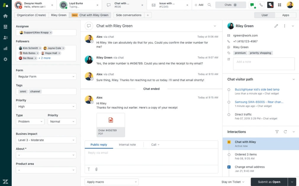 Zendesk agent workspace showing a unified chat conversation with customer profile and interaction history in 2026