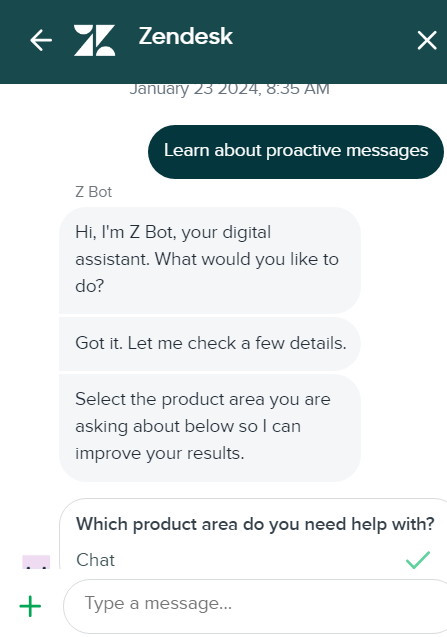Kép, amely bemutatja, hogyan néz ki a Zendesk élő csevegési beszélgetése