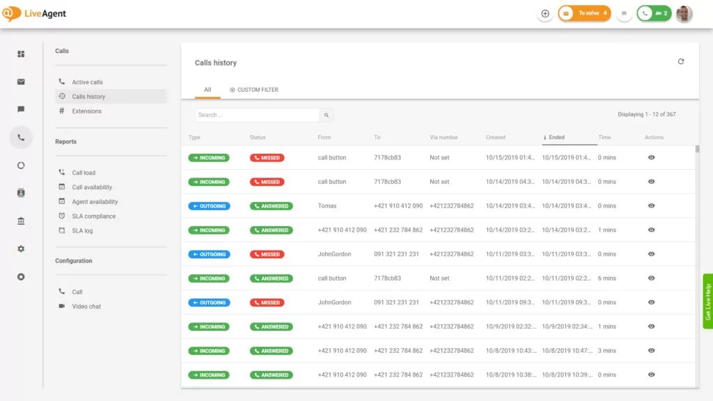 A call center felület áttekintése a LiveAgentben.