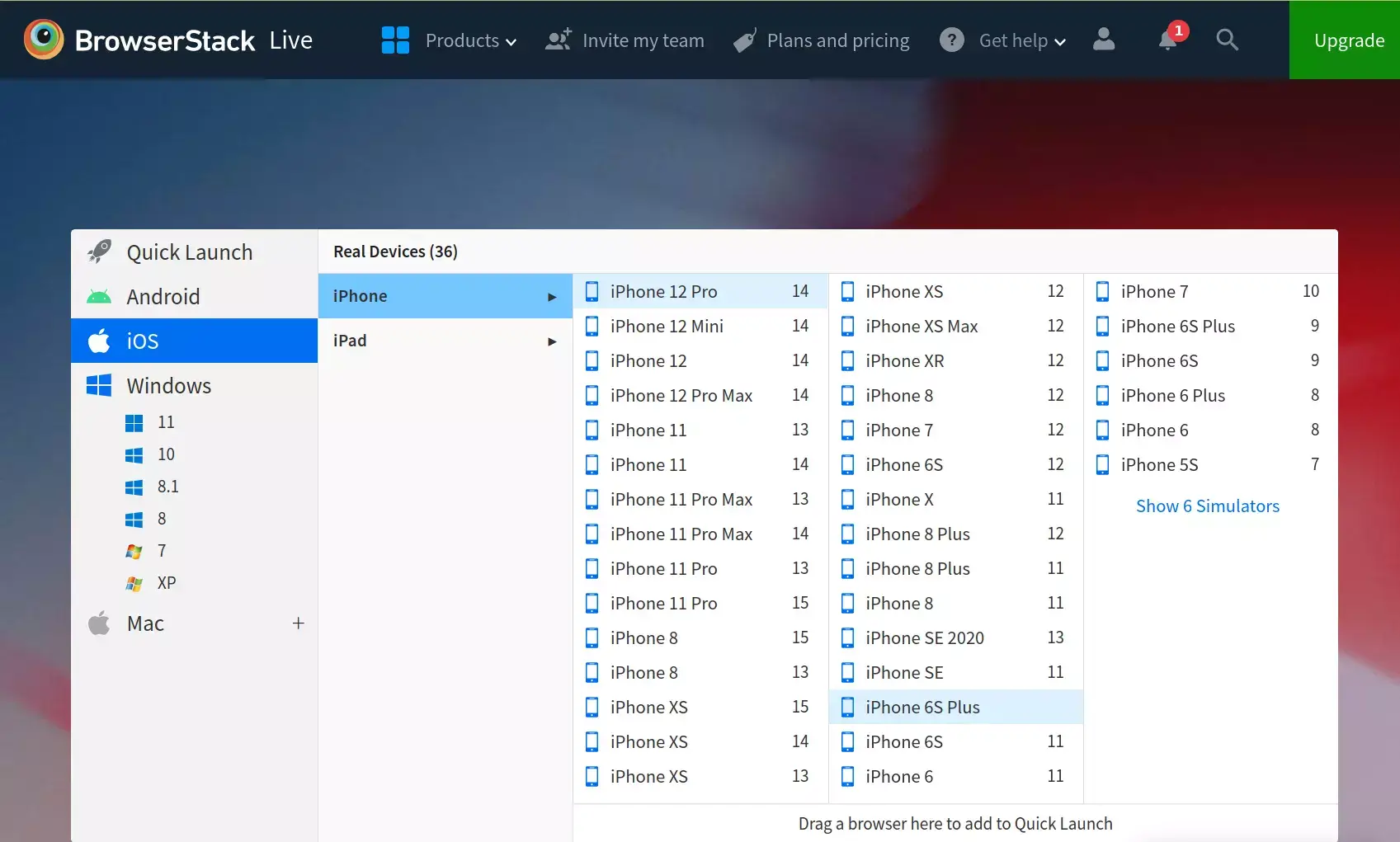 A BrowserStack számos mobil platformot és operációs rendszer verziót szimulál