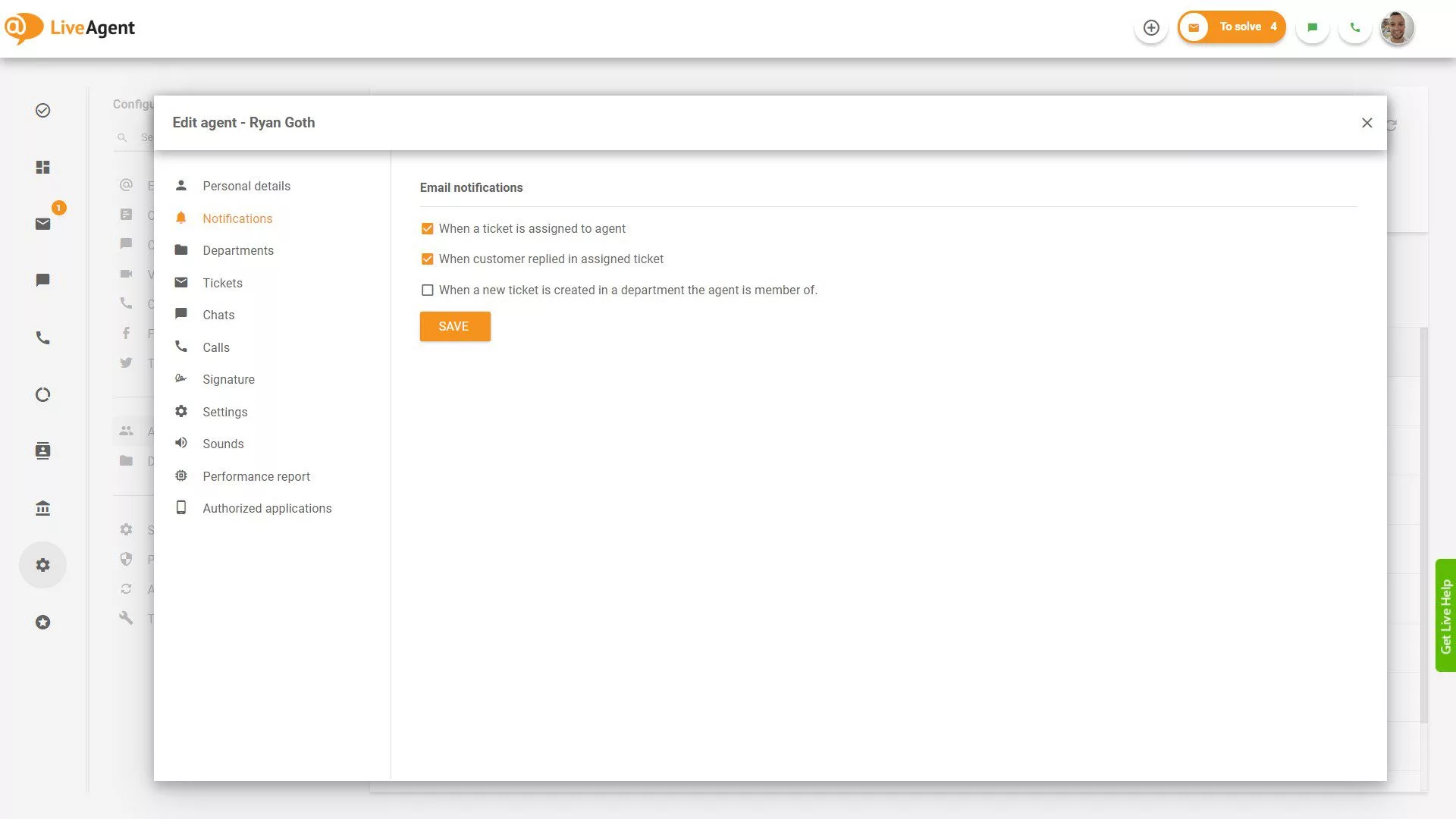 LiveAgent e-mail értesítési beállítások