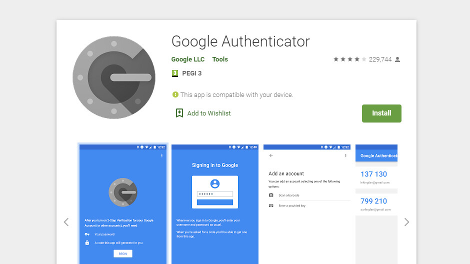 Google Authenticator alkalmazás a Google Play áruházban