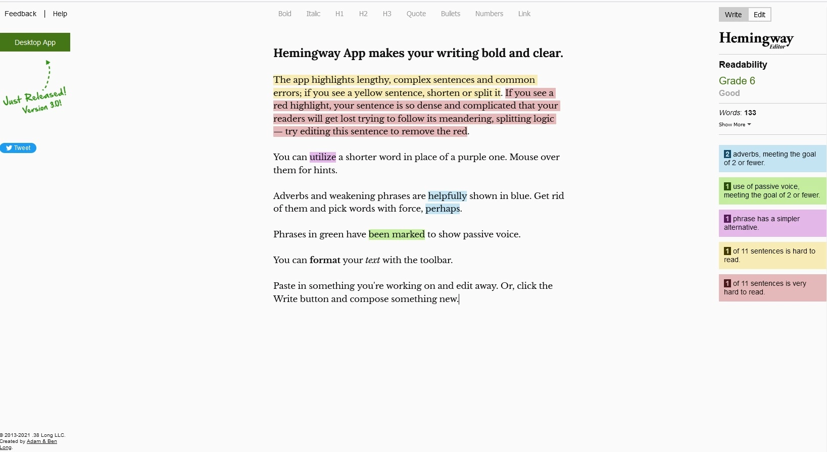 Hemingway app editor