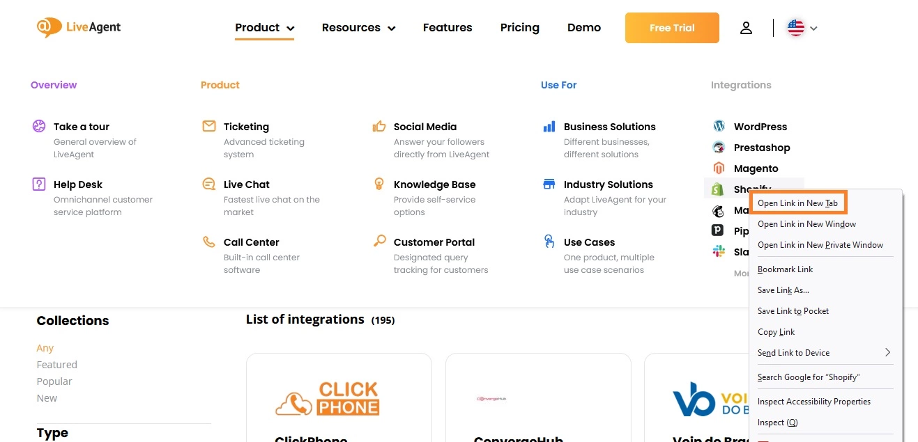 Új lap példa a LiveAgent oldalon