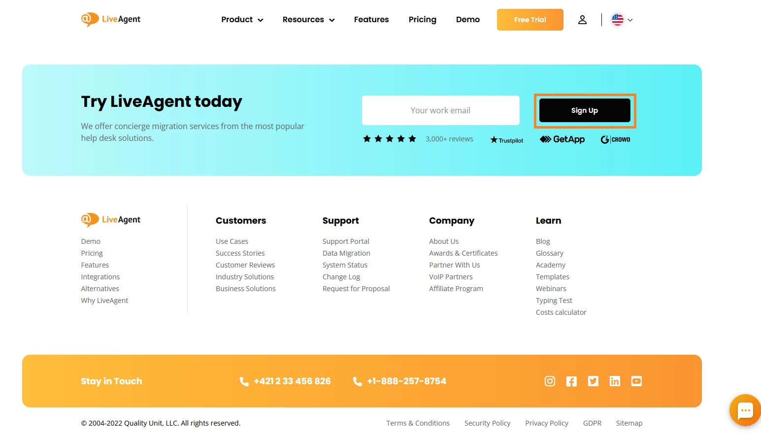 LiveAgent feliratkozási lehetősége