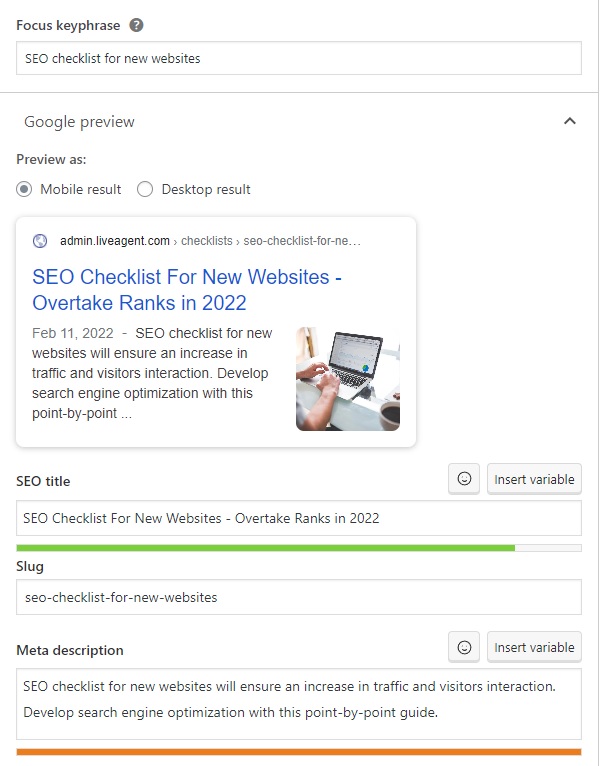 LiveAgent - kulcsszó, SEO cím és meta leírás példája