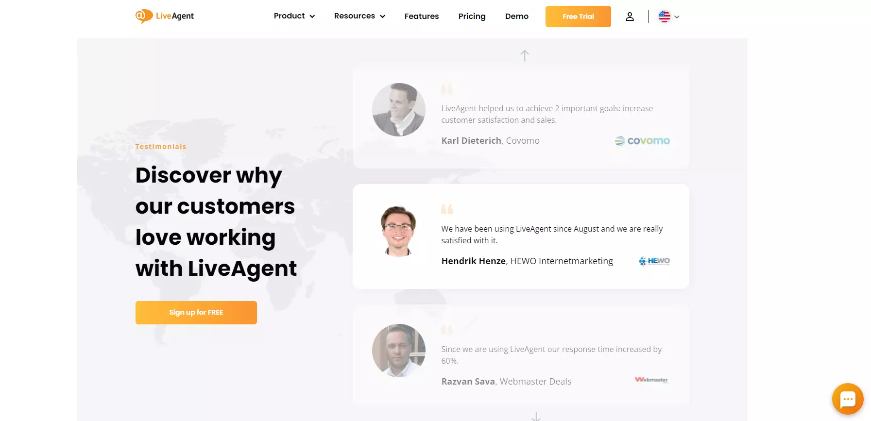 LiveAgent's landpage testimonals
