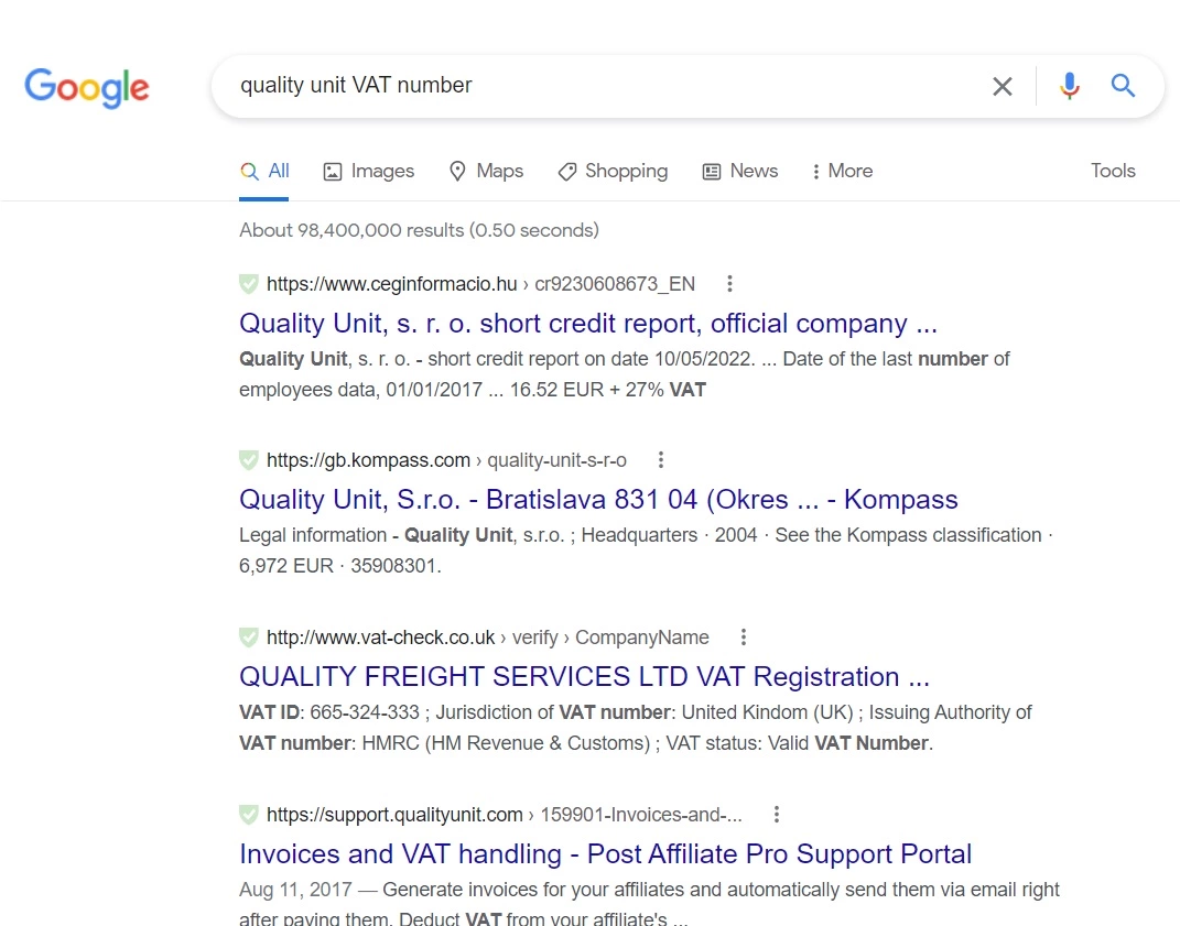 Quality Unit ÁFA szám Google keresés