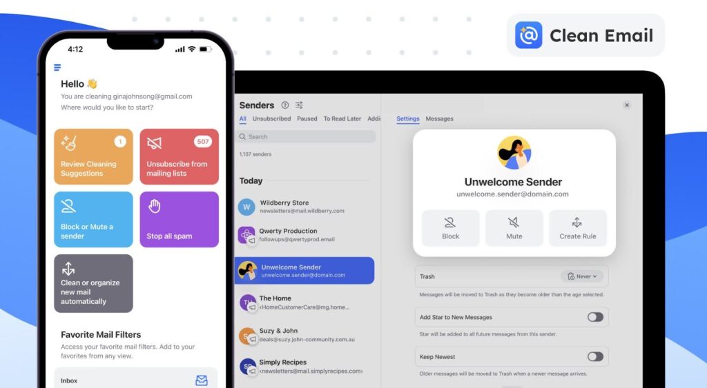 Clean Email kezdőoldala