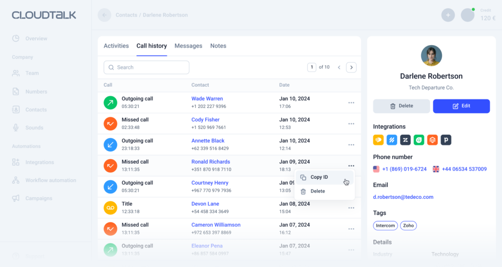 CloudTalk felhasználói felület