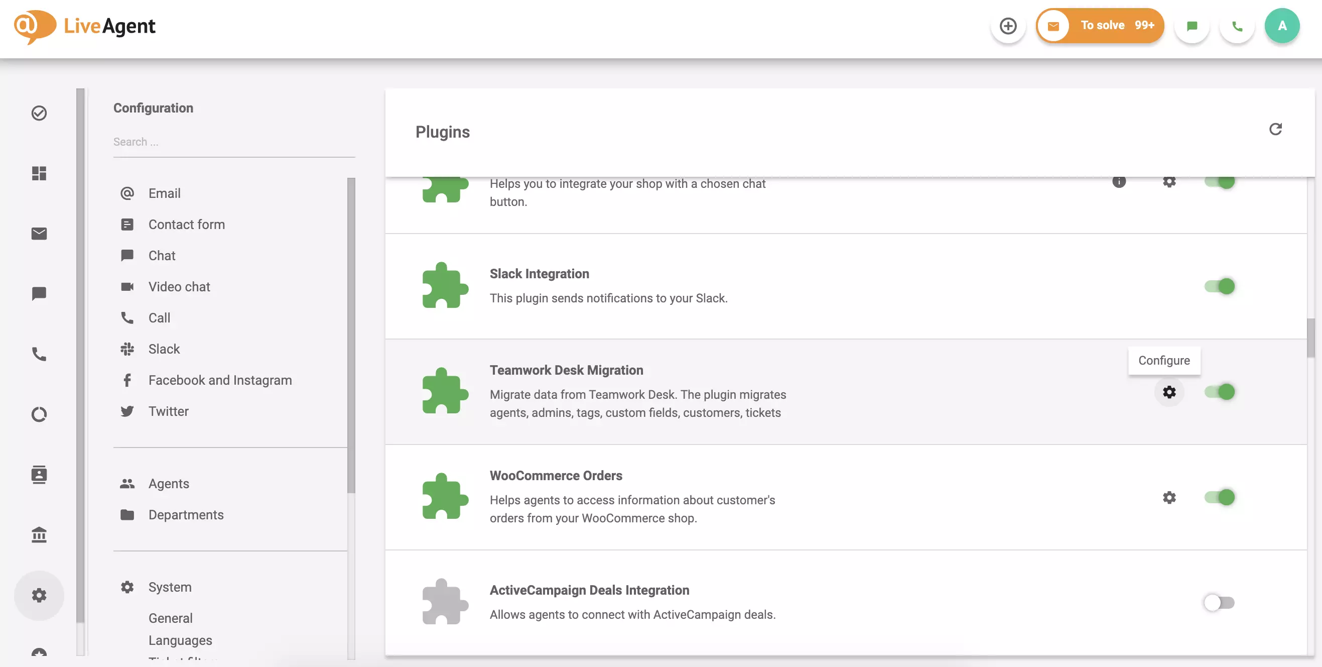 Kattintson a konfigurációra az aktív bővítményben