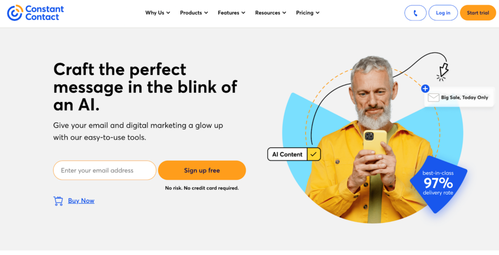 Constant Contact kezdőoldala, e-mail marketing és kezelő szoftver