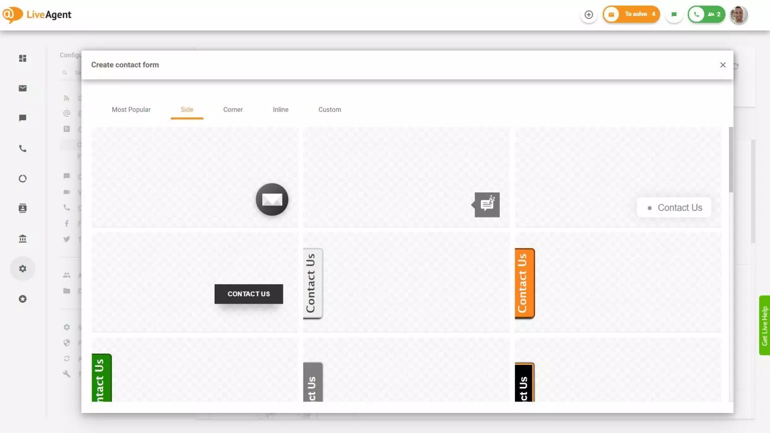 LiveAgent oldalsó kapcsolatfelvételi forma