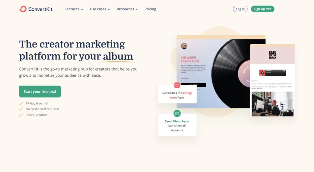 ConvertKit kezdőoldala, e-mail kezelő szoftver alkotók számára
