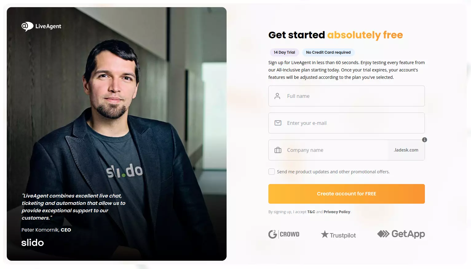 LiveAgent próbaoldala