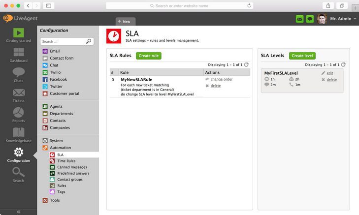 A kép azt mutatja, hol lehet megtalálni az SLA-beállításokat a LiveAgent-ben