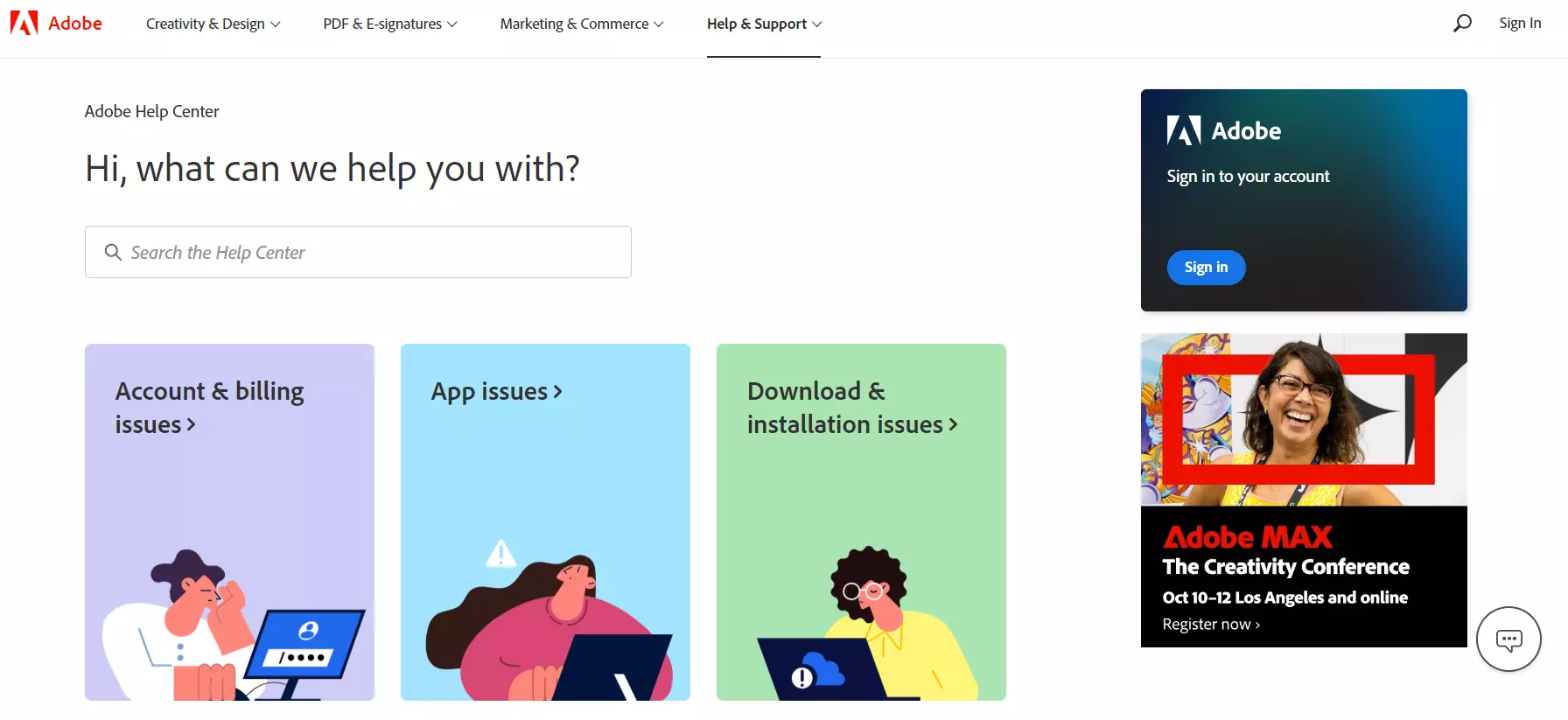Az Adobe tudásbázis kezdőlapja, amely a tudáskezelési rendszert mutatja.