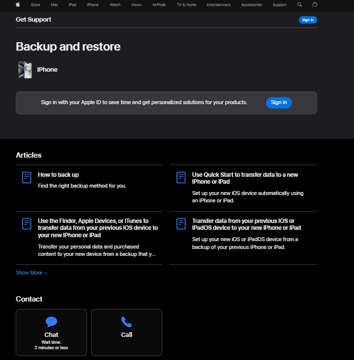 Apple támogatási oldala, amely a támogatási lehetőségeket mutatja
