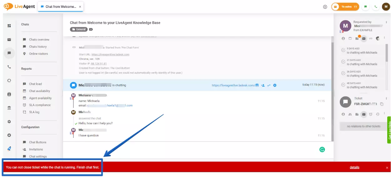 LiveAgent - megoldatlan csevegés figyelmeztetés