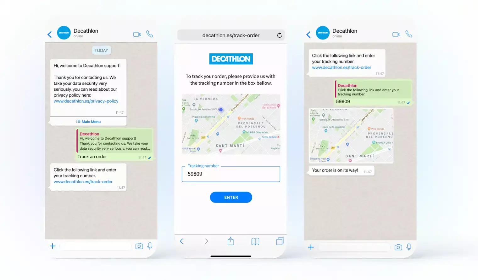 Decathlon élő csevegés képességei a WhatsApp-on keresztül a rendelések nyomon követéséhez