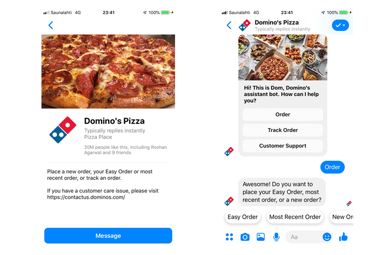 Domino's Pizza Messenger élő csevegés rendelések leadásához