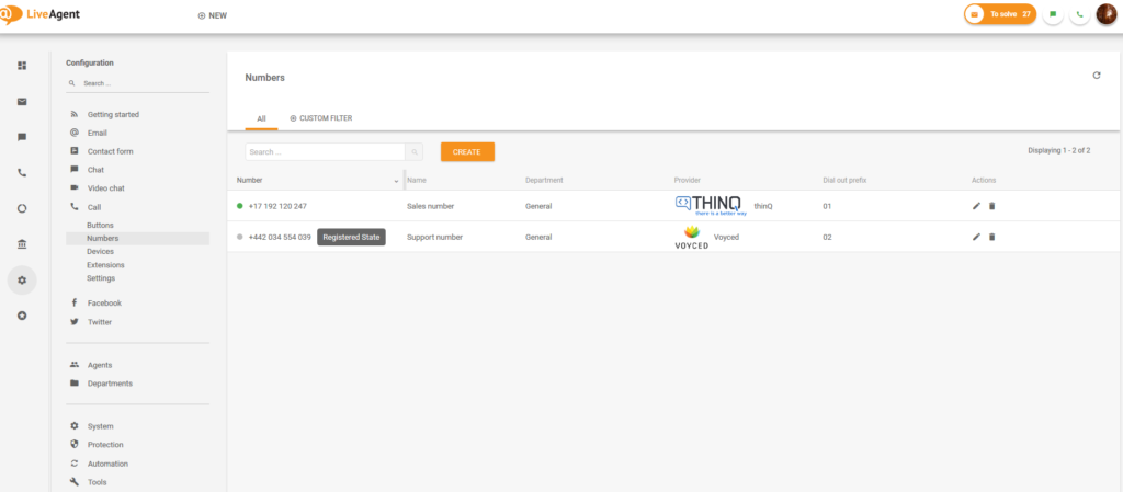 LiveAgent számok beállítása